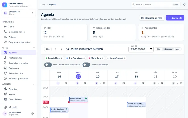 Cuadro semanal del panel, de lunes a domingo, con los filtros arriba y las reservas colocadas en su día y su hora.
