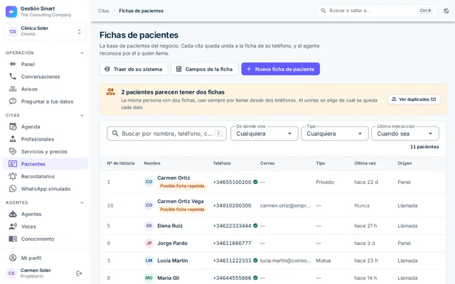 Lista de clientes del panel con sus teléfonos, sus últimas citas y los duplicados marcados