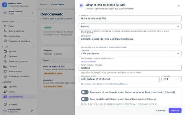 Editor de una fuente en vivo con sus parámetros, el recurso de la API y las condiciones para dar los datos
