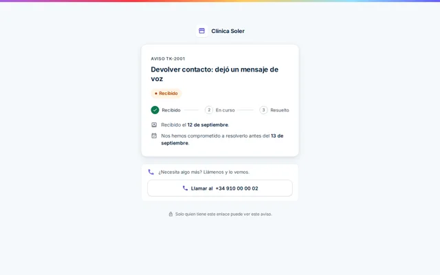 Página pública de un aviso con su referencia, el estado recibido, en curso o resuelto y la fecha de compromiso