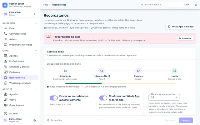 Pantalla de recordatorios con los avisos de cada cita, su hora de salida y su estado